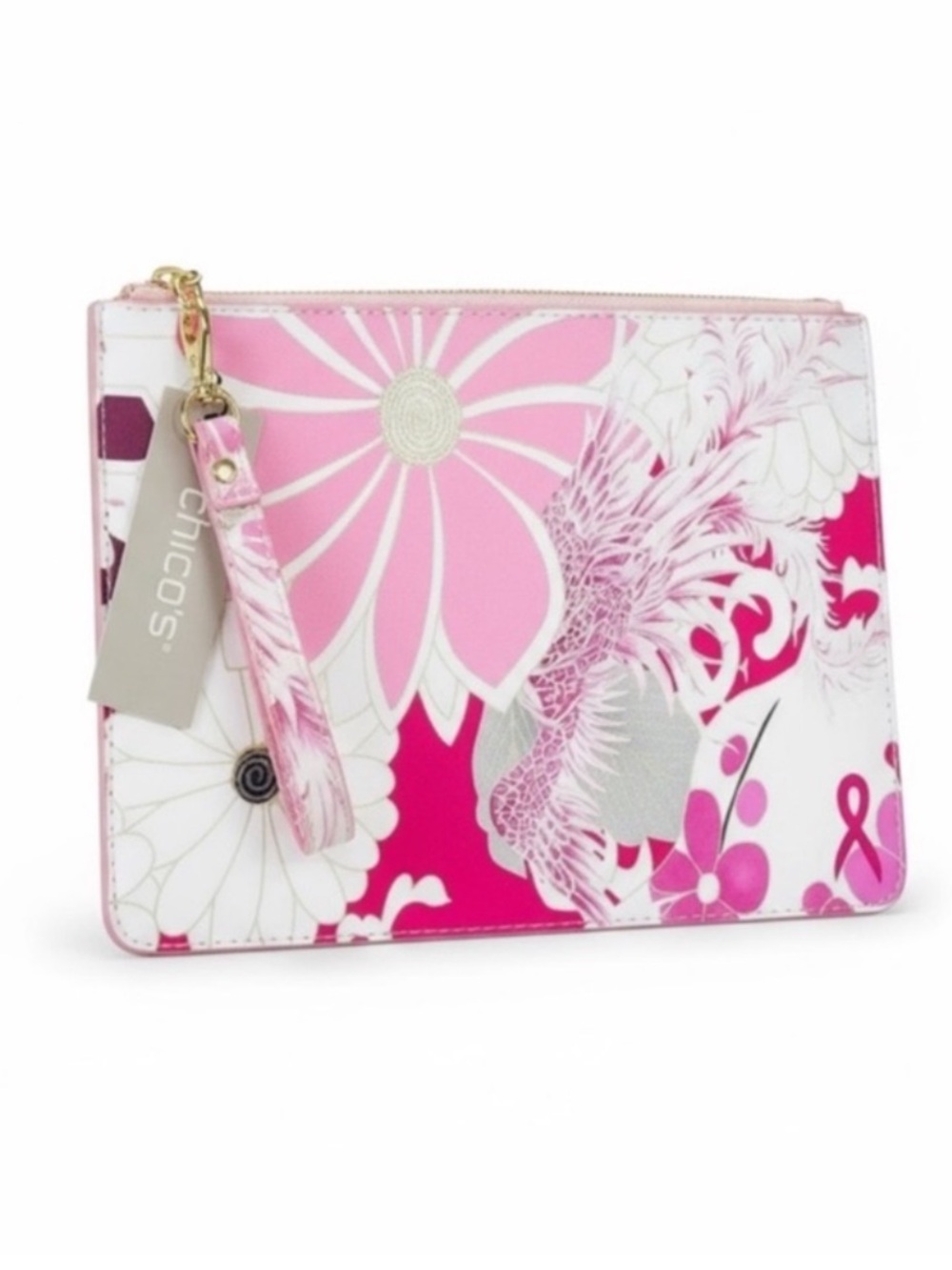 CHICO's Pink and Gray Floral Zip LBBC Pouch with Strap NWT